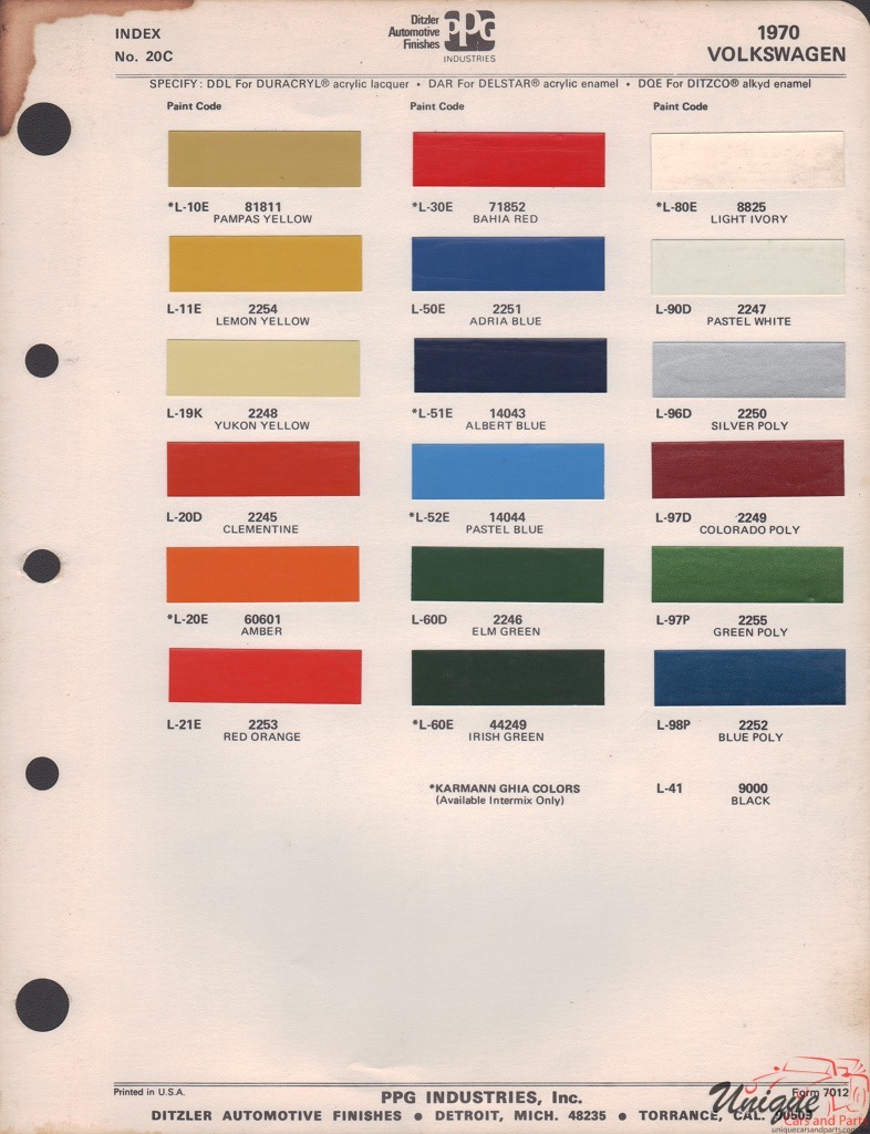 1970 Volkswagen Paint Charts PPG 1